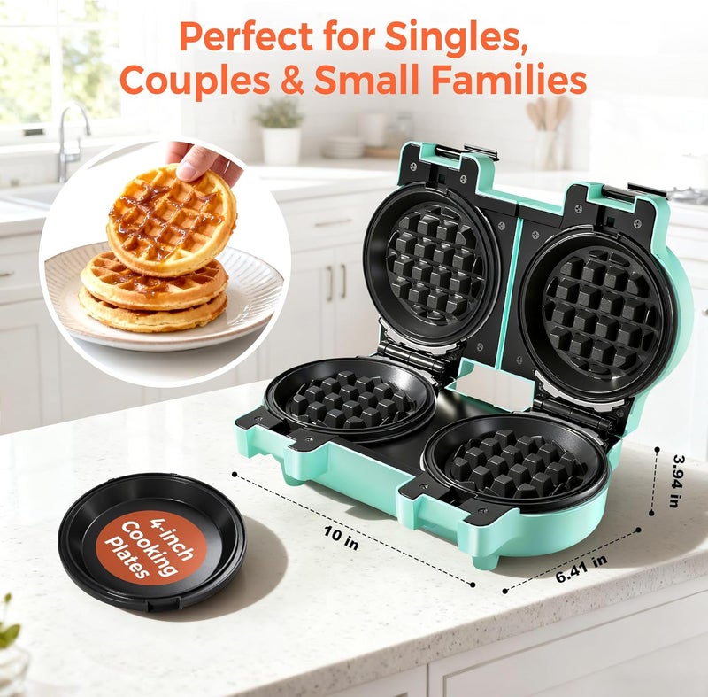 CACHOO 2-in-1 Double Waffle & Pancake Maker - Mini 4" Nonstick Waffle Iron & Small Round Griddle with 4 Removable Plate Sets, Dishwasher Safe, Perfect for Small Spaces, Apartments & Dorms, Aqua - Image 5